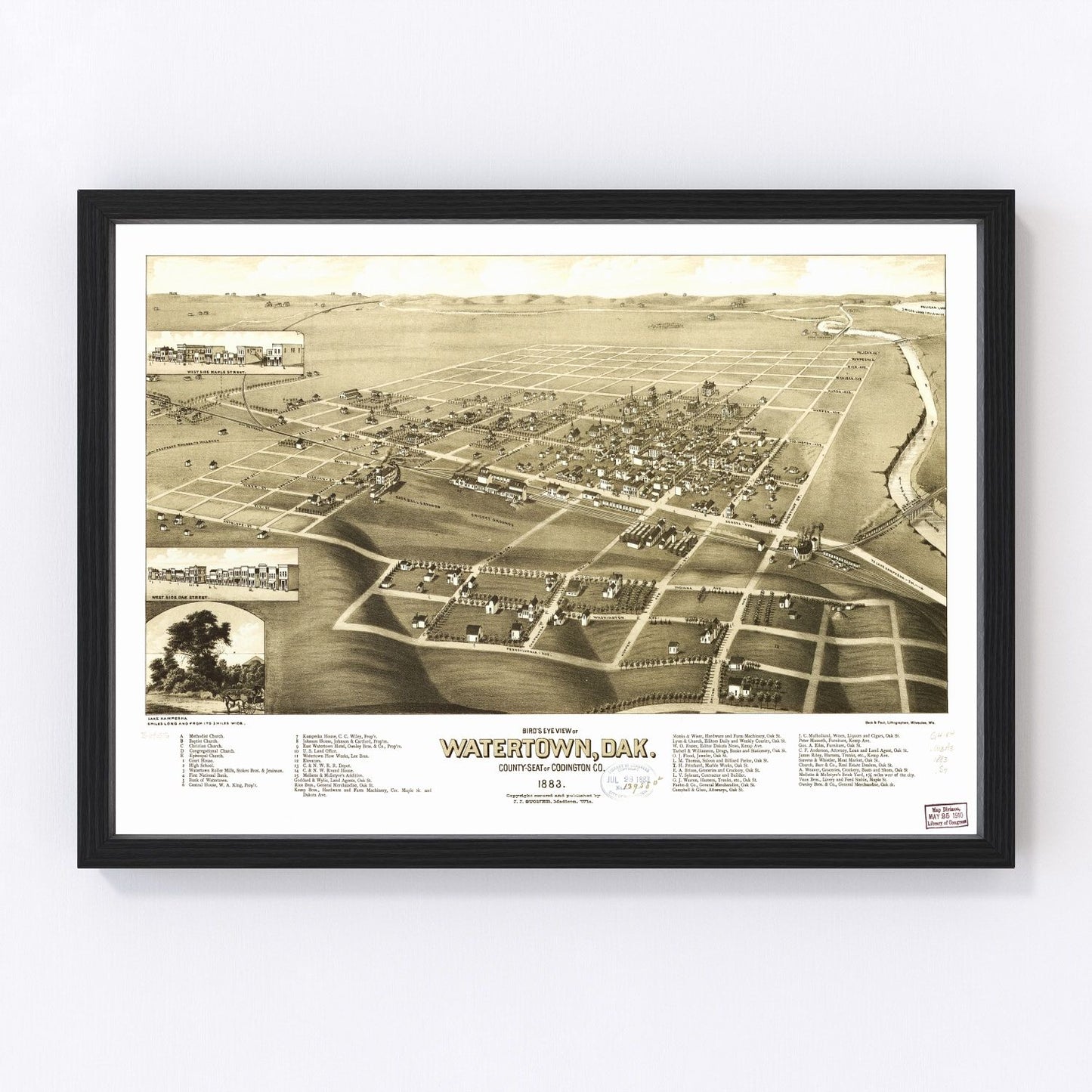 Vintage Map of Watertown, South Dakota 1883