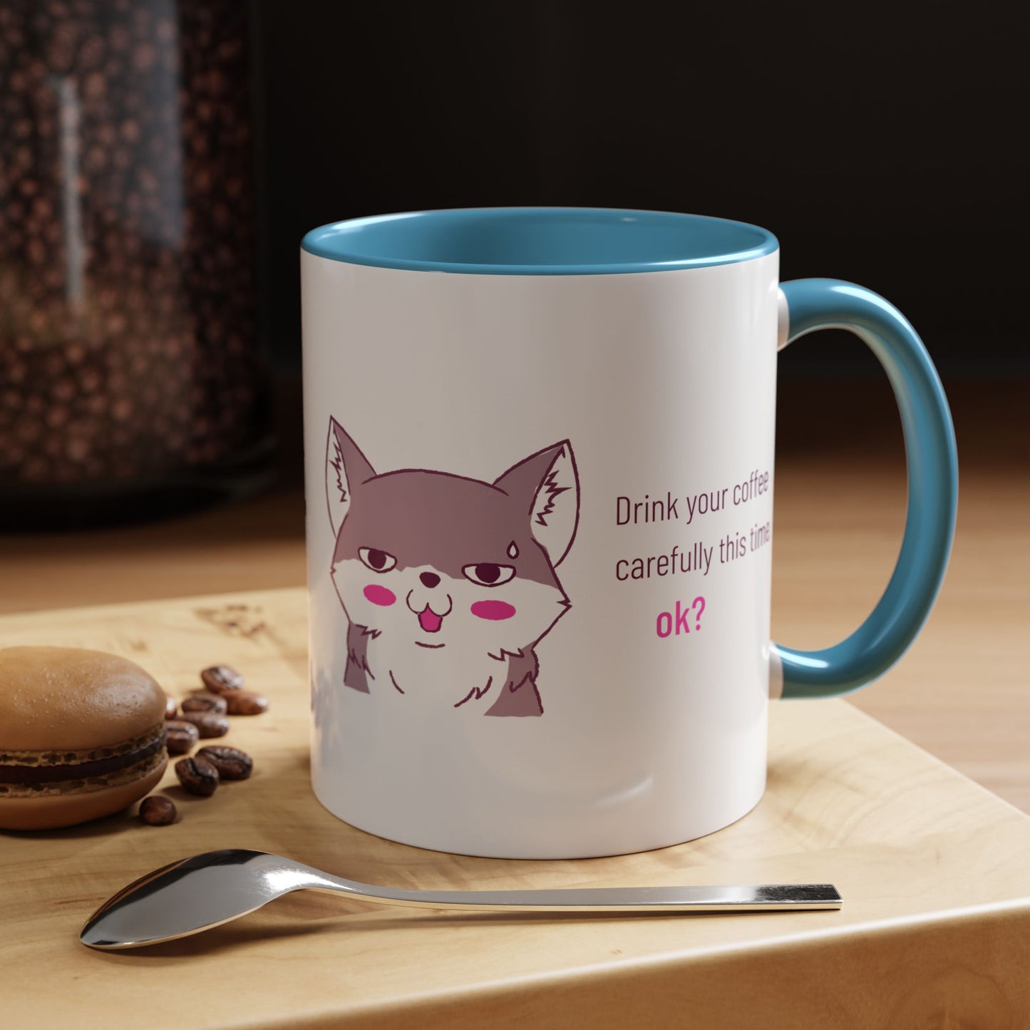 Accent Coffee Mug — Cute Shy Fox Design "Drink your coffee carefully this time, ok?"