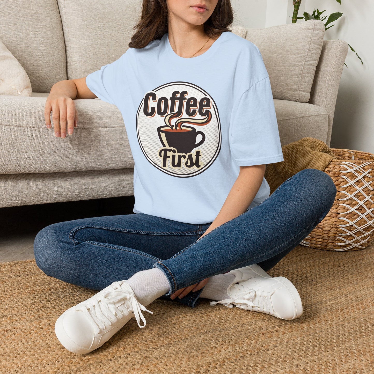 Coffee First T-Shirt — Retro Coffee Cup Graphic Tee for Coffee Lovers