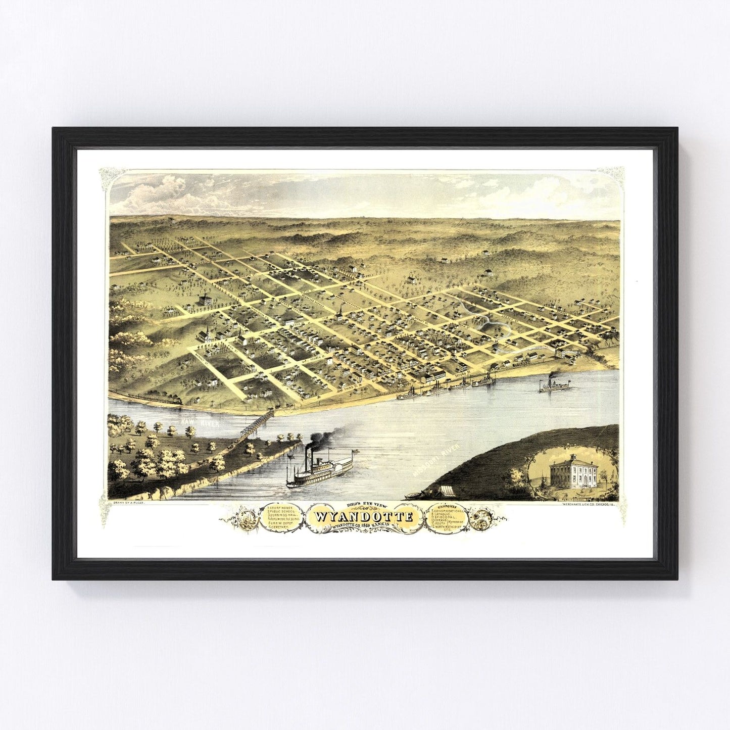 Vintage Map of Wyandotte, Kansas 1869