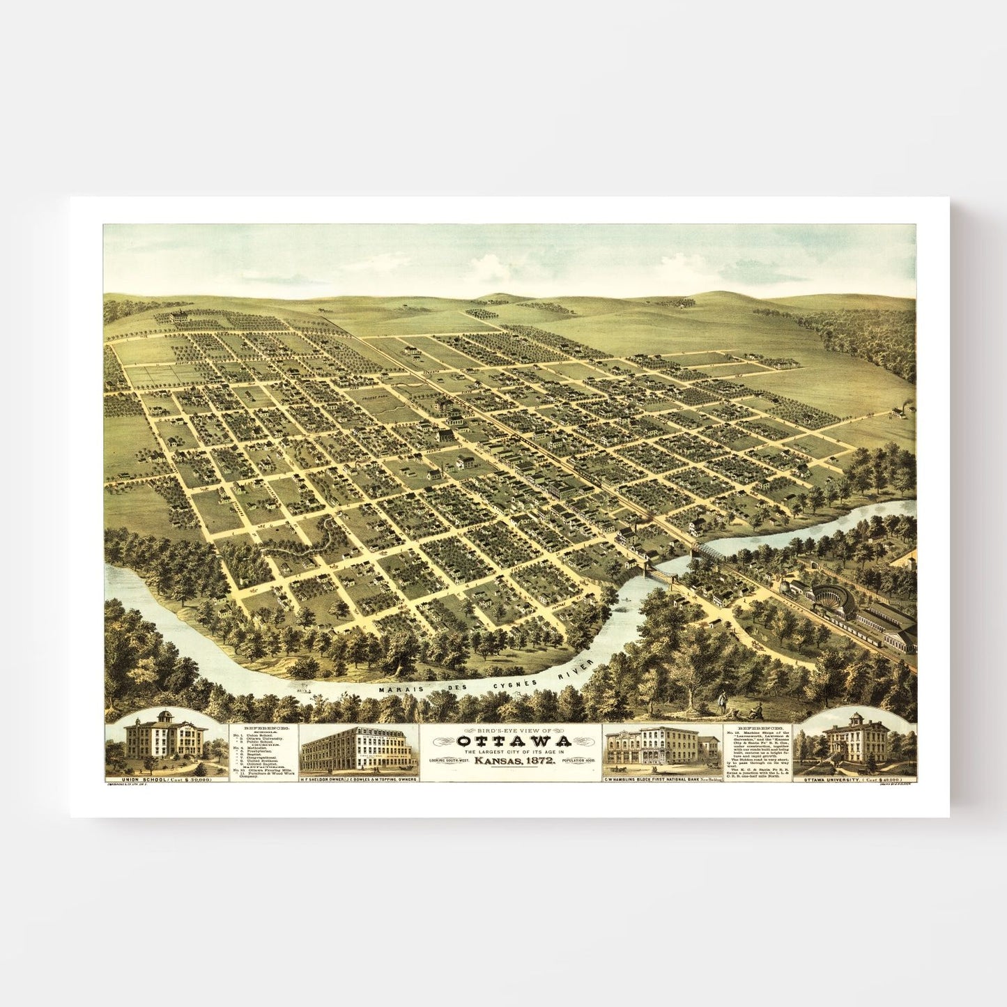 Vintage Map of Ottawa, Kansas 1872