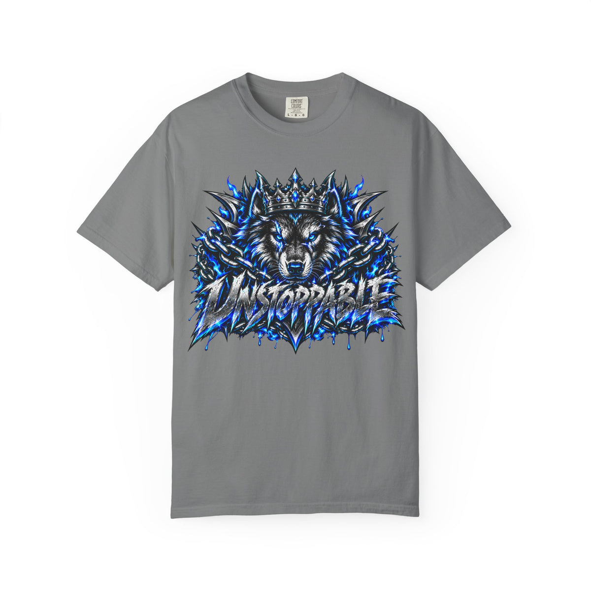 Wolf 'Unstoppable' Graphic Tee — Bold Blue Crowned Wolf Shirt