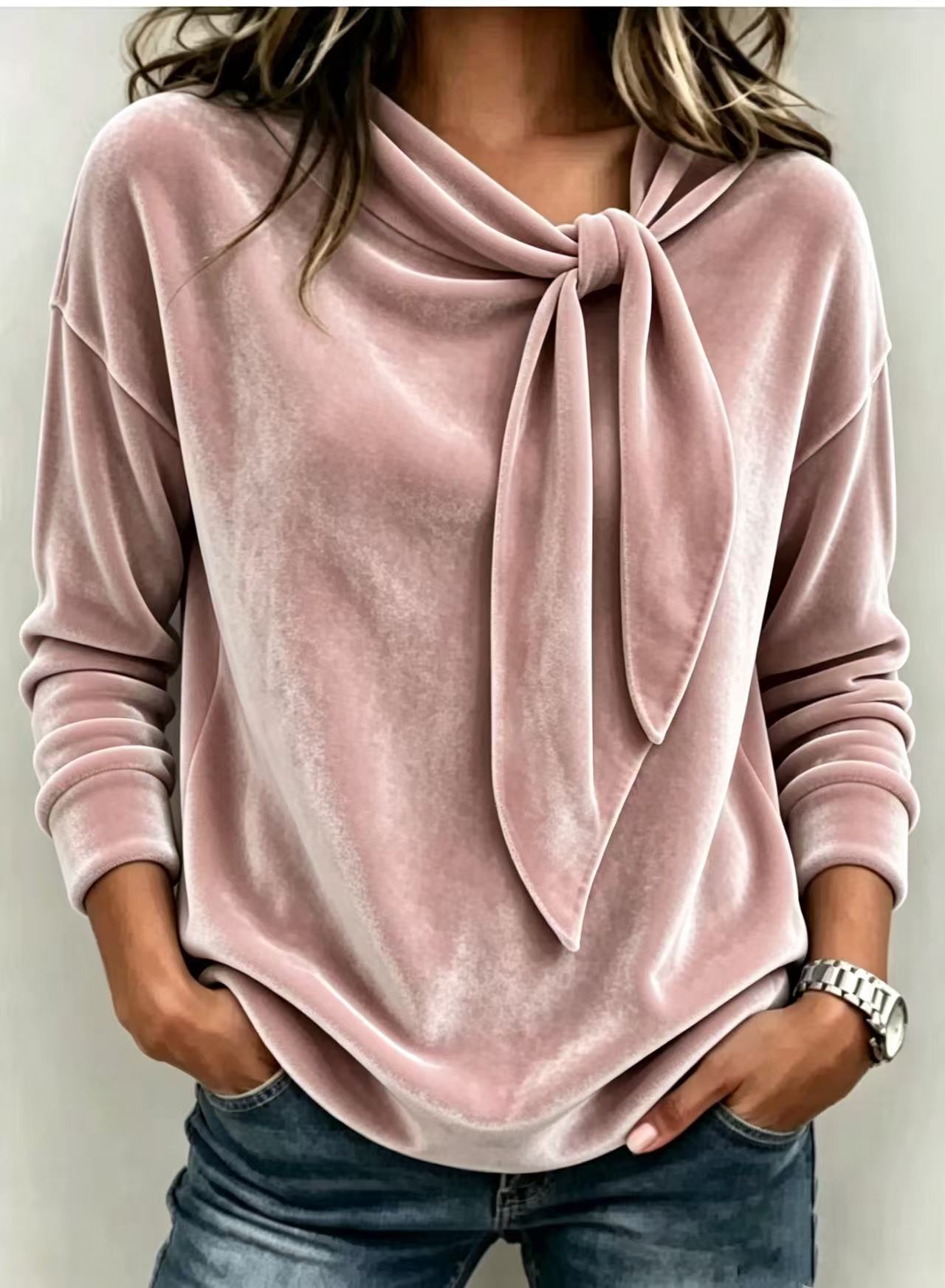 Solid Color Long Sleeve Bow Top – Loose Fit Scarf Collar