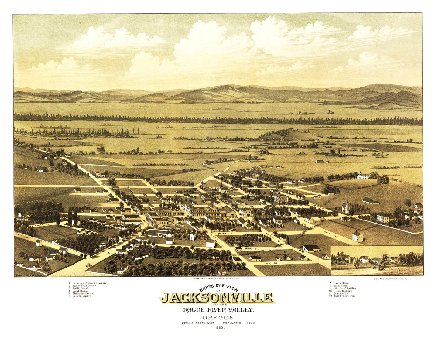 Vintage Map of Jacksonville, Oregon 1883