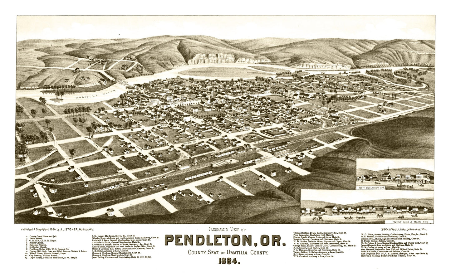 Vintage Map of Pendleton, Oregon 1884