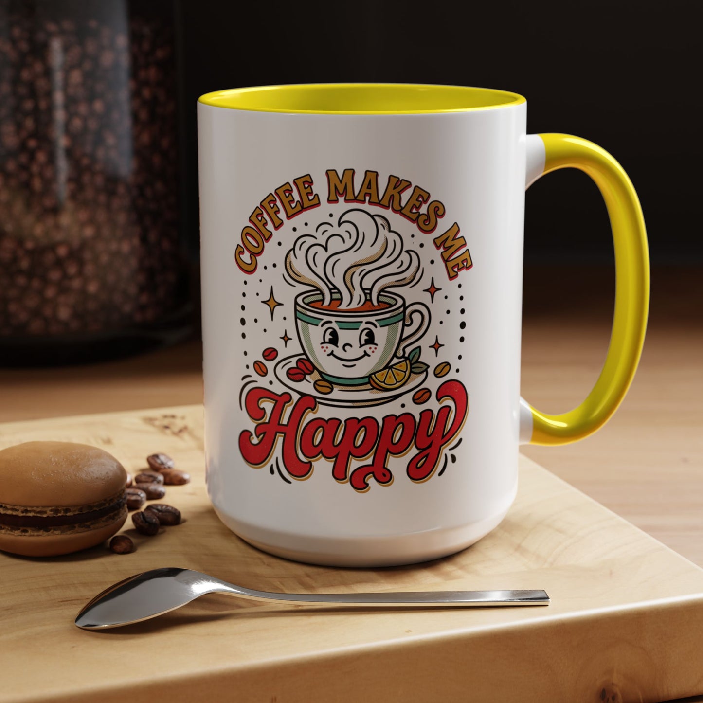 Coffee Mug — "Coffee Makes Me Happy" Cute Retro Accent Mug (11/15oz)