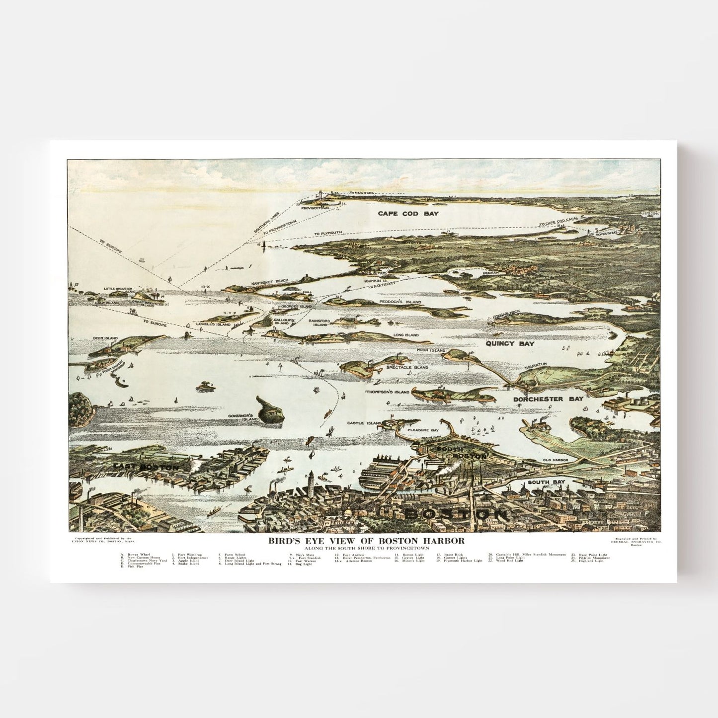 Vintage Map of Boston Harbor, Massachusetts 1920