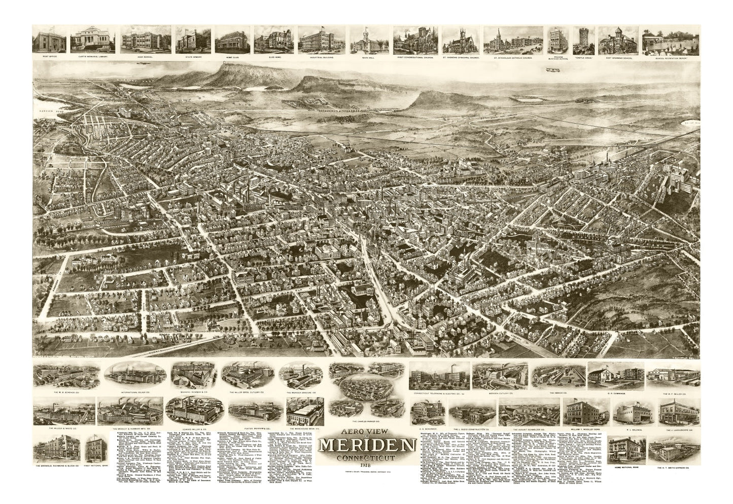 Vintage Map of Meriden, Connecticut 1918