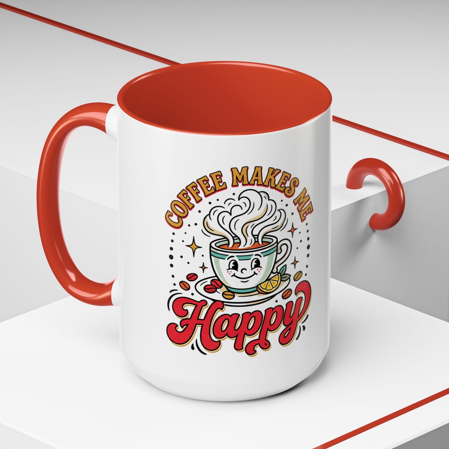 Coffee Mug — "Coffee Makes Me Happy" Cute Retro Accent Mug (11/15oz)