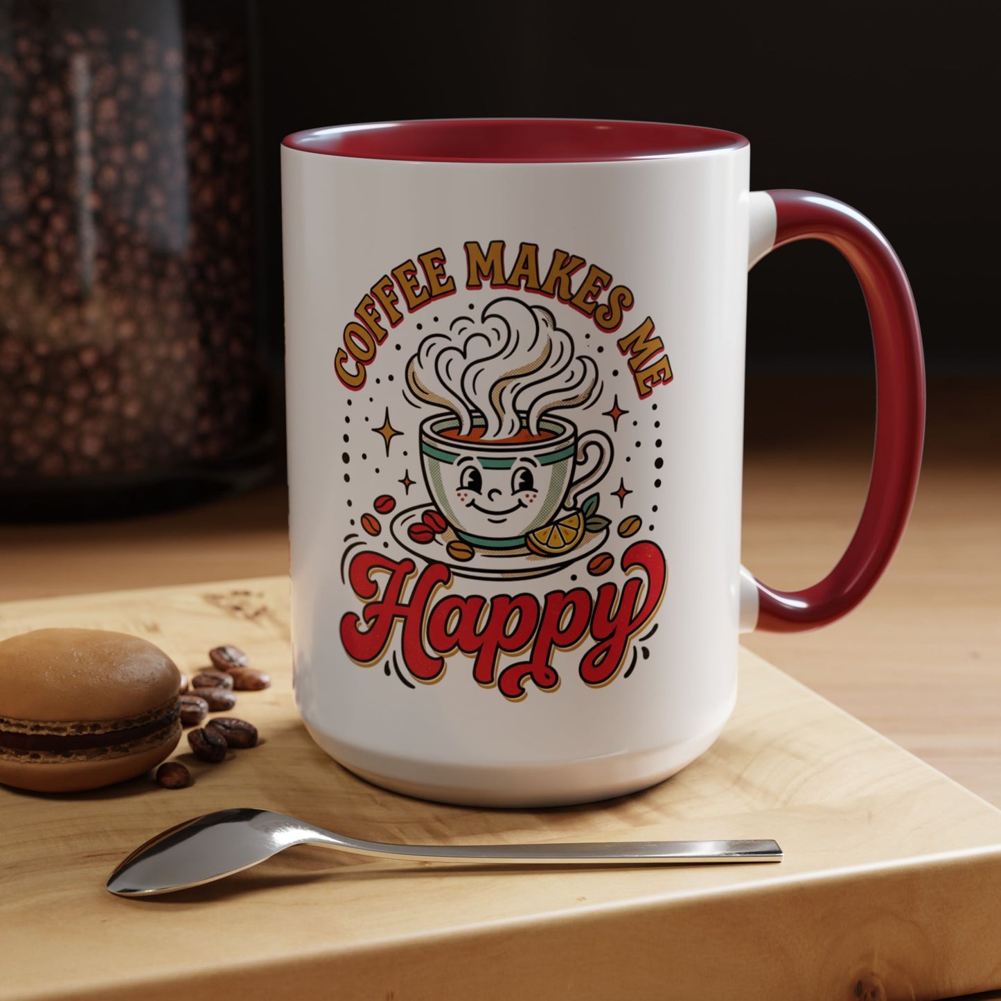 Coffee Mug — "Coffee Makes Me Happy" Cute Retro Accent Mug (11/15oz)