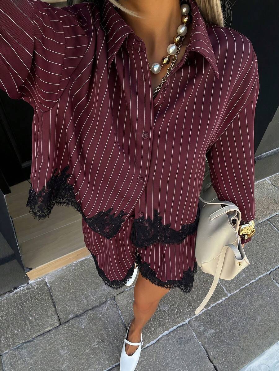 Women's Striped Lace Trim Shirt & Drawstring Shorts Set – 2-Piece Matching Set