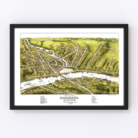 Vintage Map of Gardiner & Pittston, Maine 1878