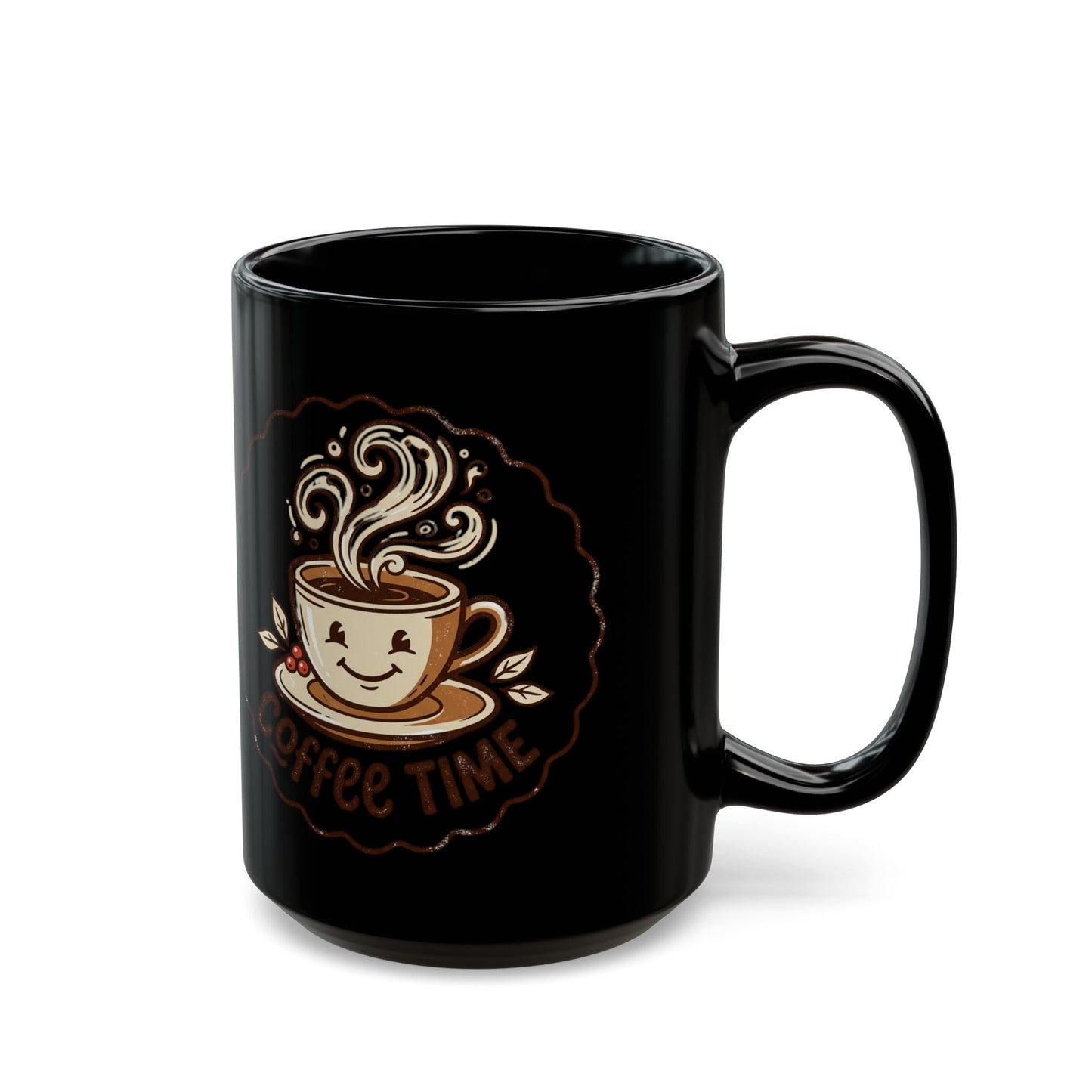 Coffee Time Black Mug – Cute Smiling Coffee Cup Ceramic Mug (11oz, 15oz)