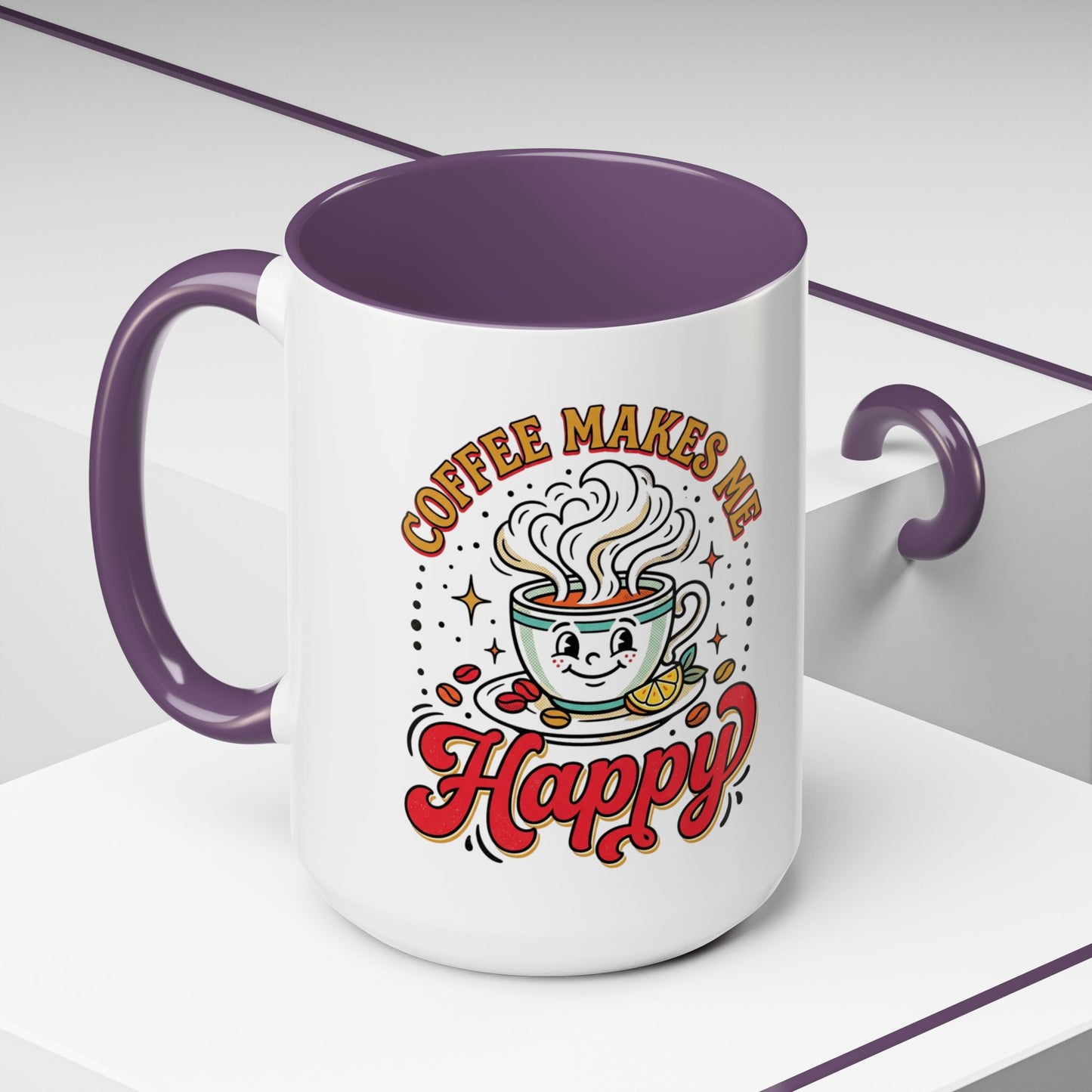 Coffee Mug — "Coffee Makes Me Happy" Cute Retro Accent Mug (11/15oz)