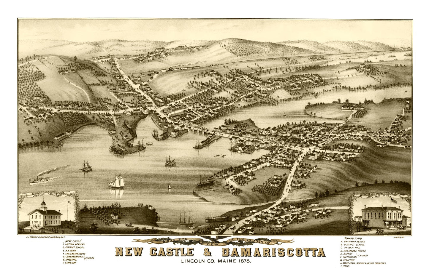 Vintage Map of New Castle & Damariscotta, Maine 1878