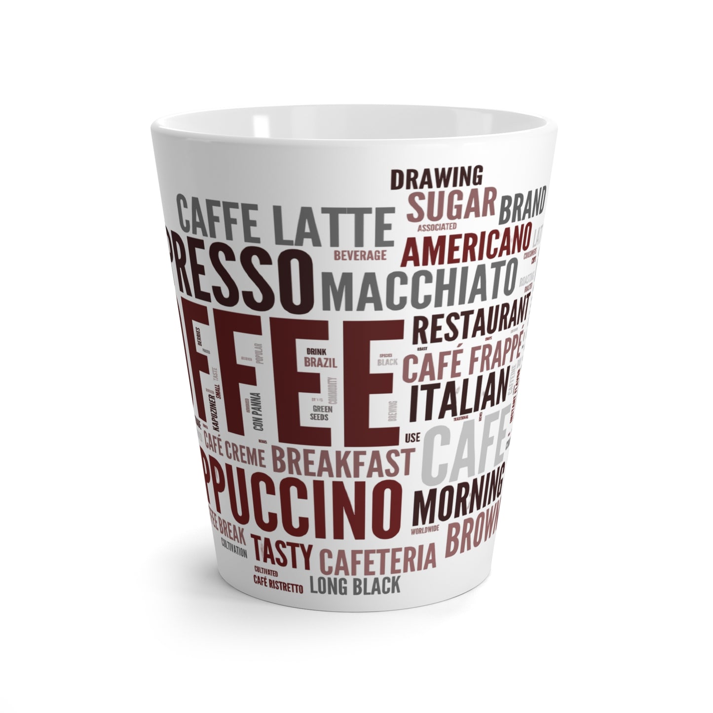 Coffee Word Cloud Latte Mug – Espresso, Cappuccino & Macchiato Design