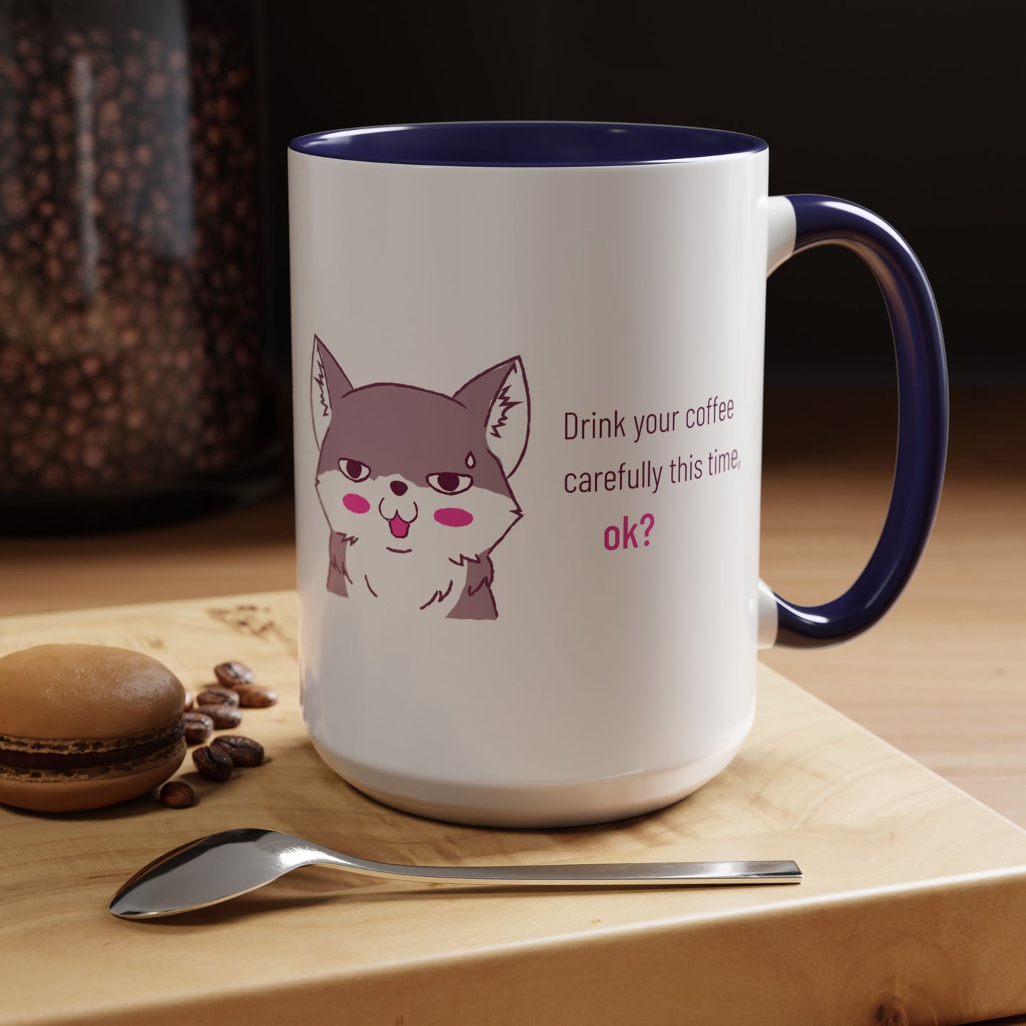 Accent Coffee Mug — Cute Shy Fox Design "Drink your coffee carefully this time, ok?"