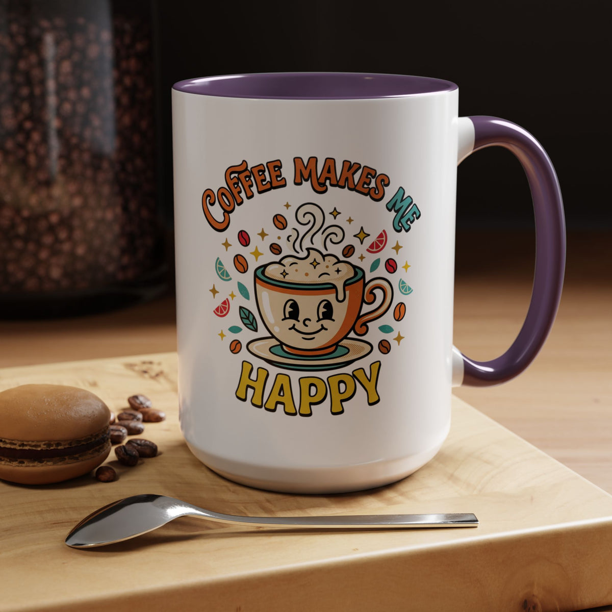Coffee Mug — "Coffee Makes Me Happy" Cute Retro Accent Mug (11/15oz)