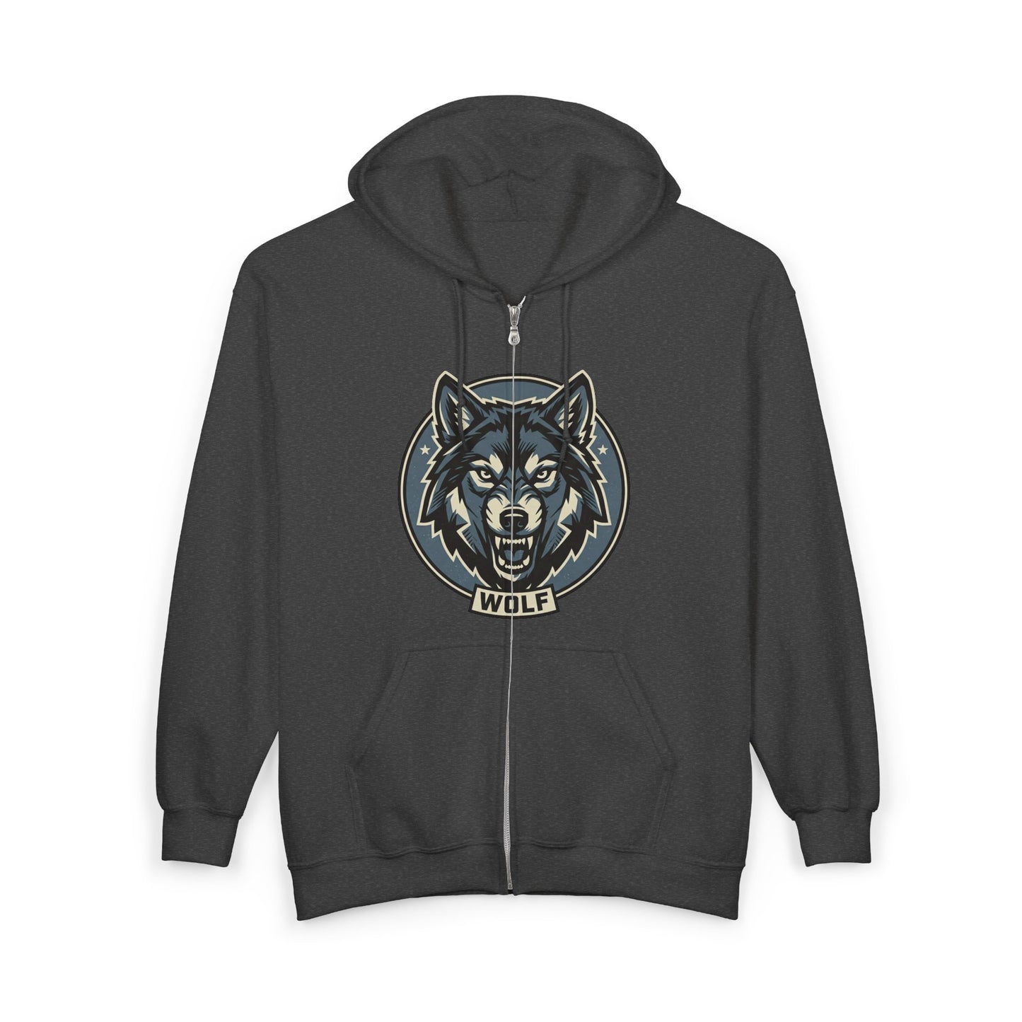 Wolf Head Zip Hoodie — Vintage Wolf Full-Zip Hooded Sweatshirt