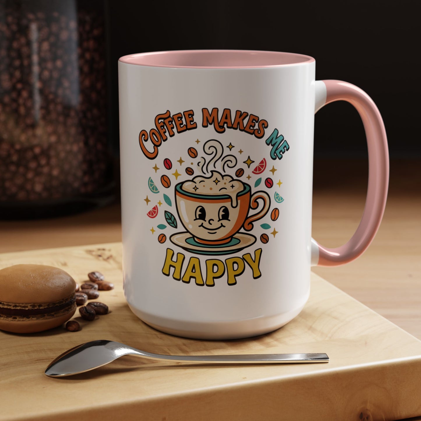 Coffee Mug — "Coffee Makes Me Happy" Cute Retro Accent Mug (11/15oz)