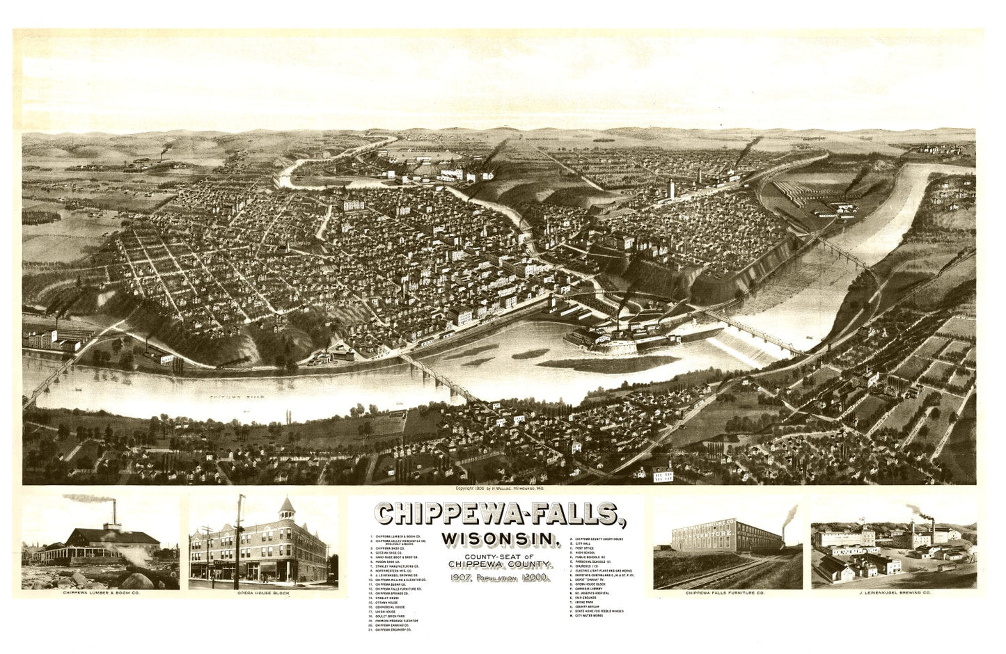 Vintage Map of Chippewa Falls, Wisconsin 1906