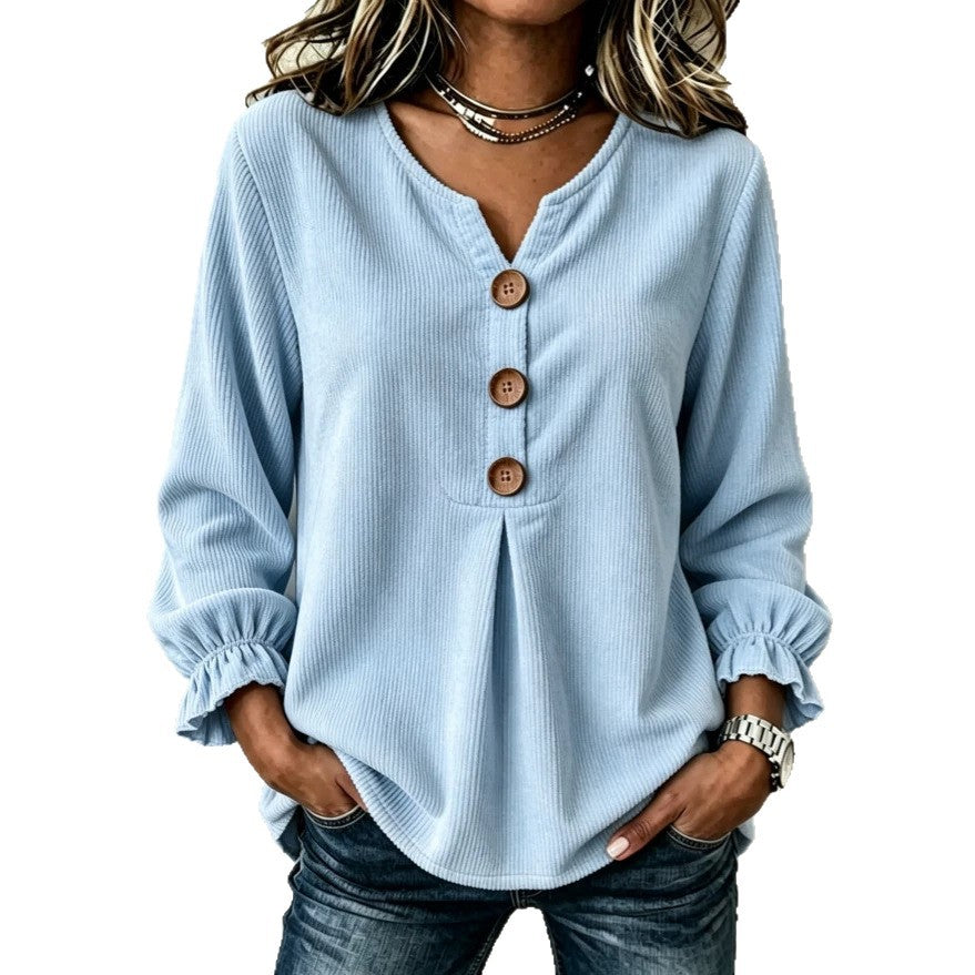 Women's Corduroy Long-Sleeve Blouse – Patchwork Minimalist Top