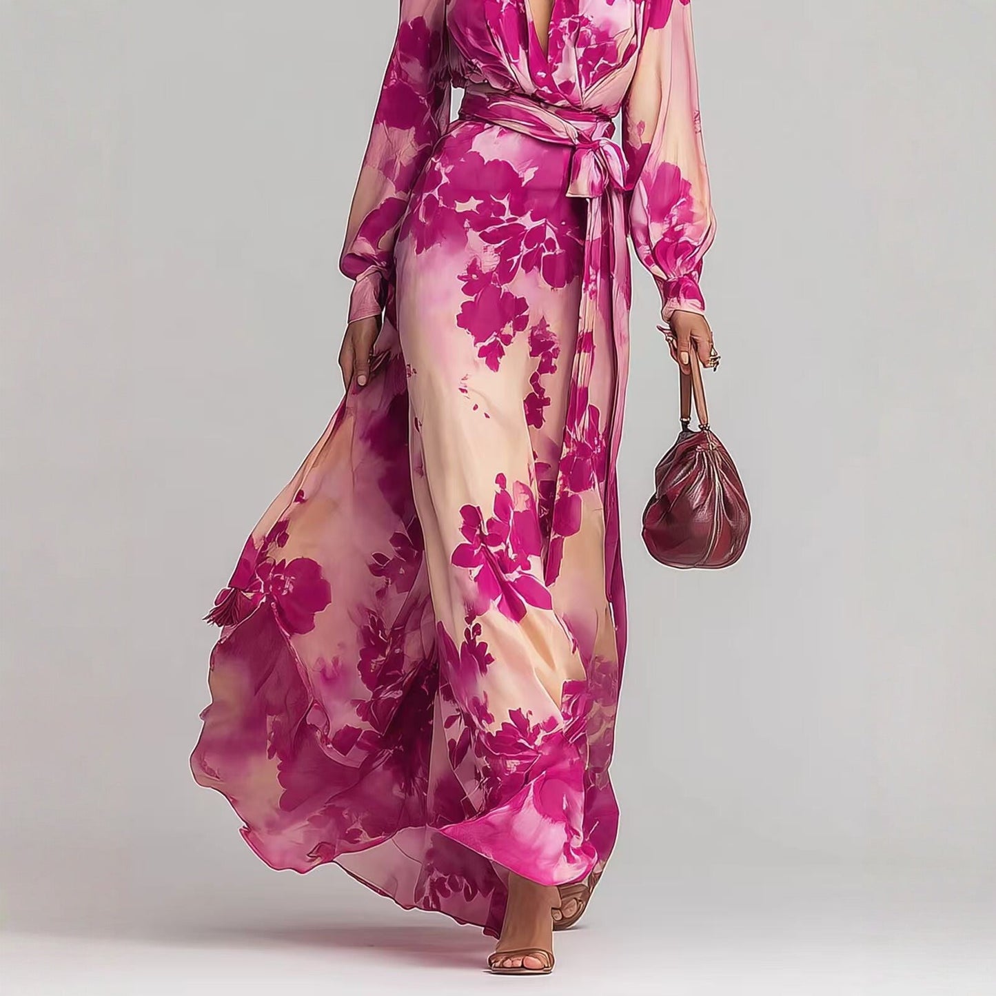 Women's Printed Chiffon Long Sleeve V-Neck Tie-Up Maxi Dress — Floral Fairy Dress