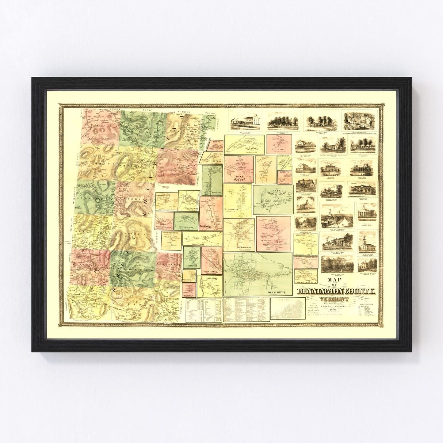 Vintage Map of Bennington County, Vermont 1856