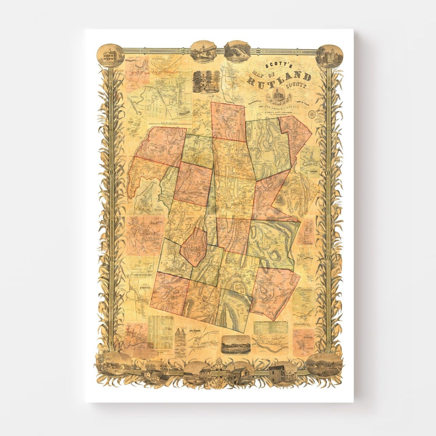 Vintage Map of Rutland County, Vermont 1854