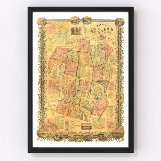 Vintage Map of Rutland County, Vermont 1854