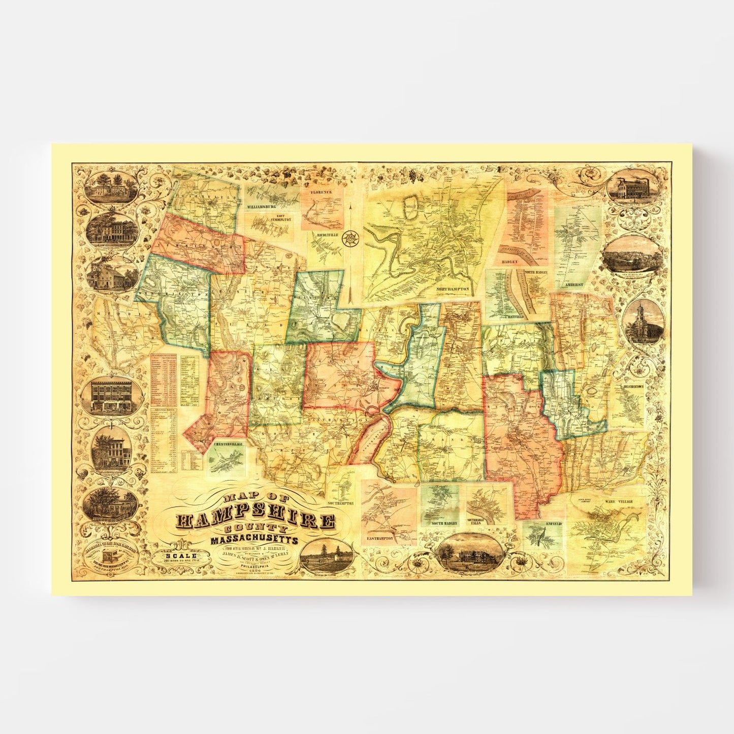 Vintage Map of Hampshire County, Massachusetts 1854