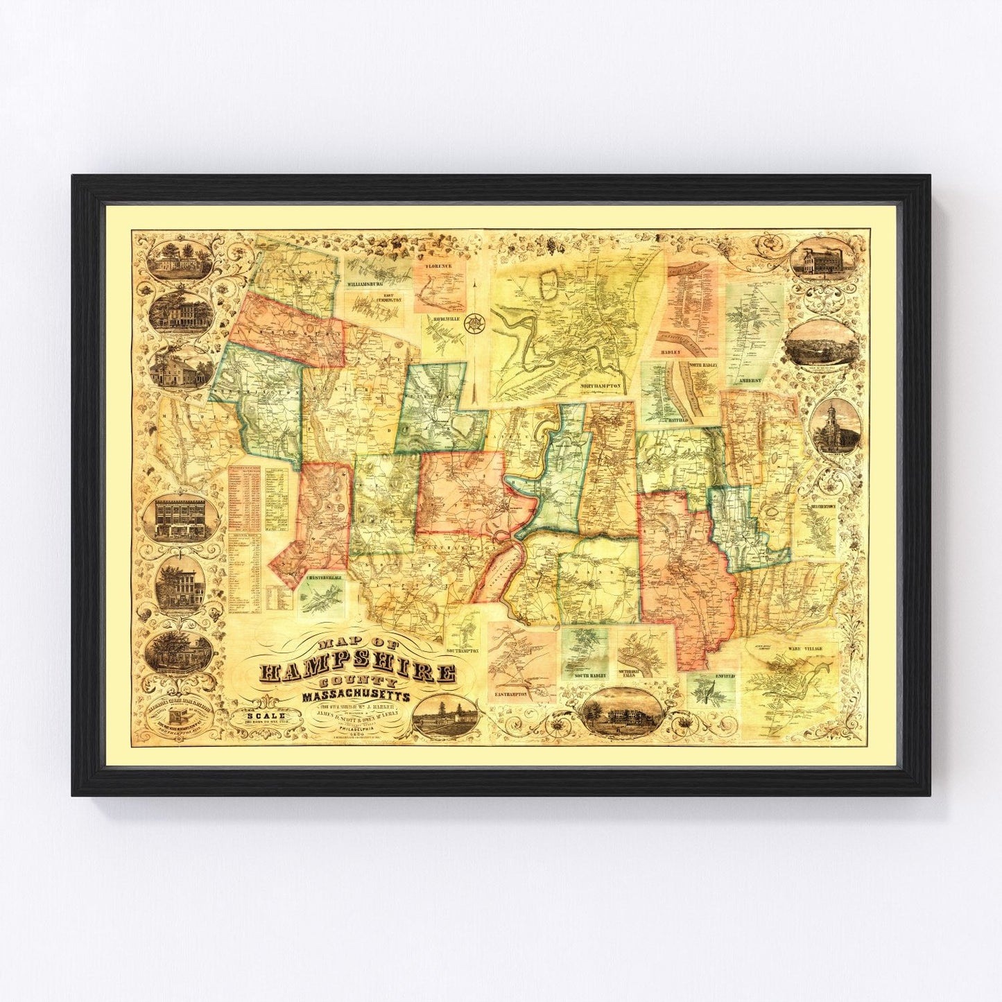 Vintage Map of Hampshire County, Massachusetts 1854