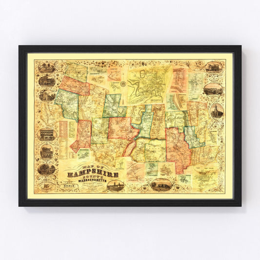 Vintage Map of Hampshire County, Massachusetts 1854
