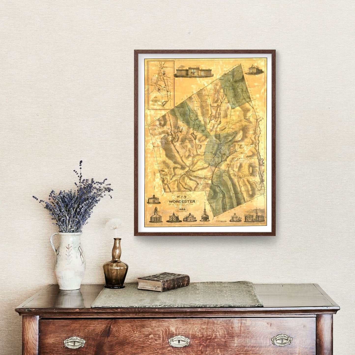 Vintage Map of Worcester County, Massachusetts 1833