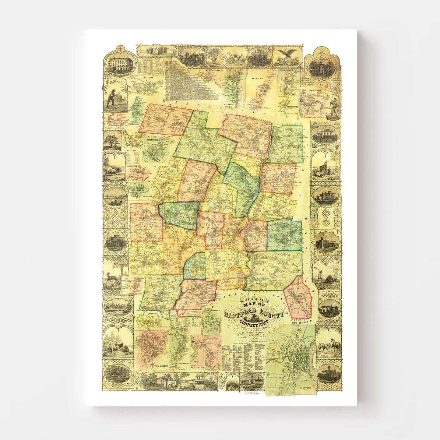 Vintage Map of Hartford County, Connecticut 1855