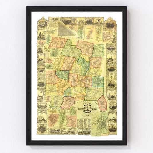 Vintage Map of Hartford County, Connecticut 1855