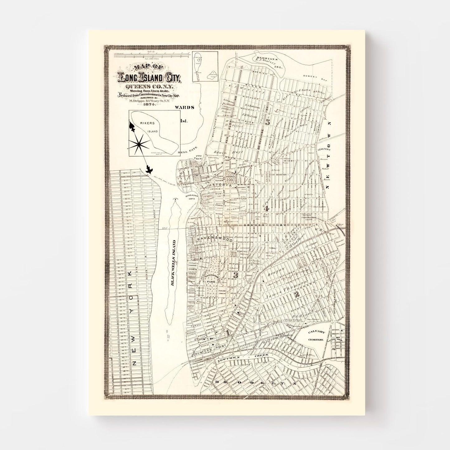Vintage Map of Queens County, New York 1874
