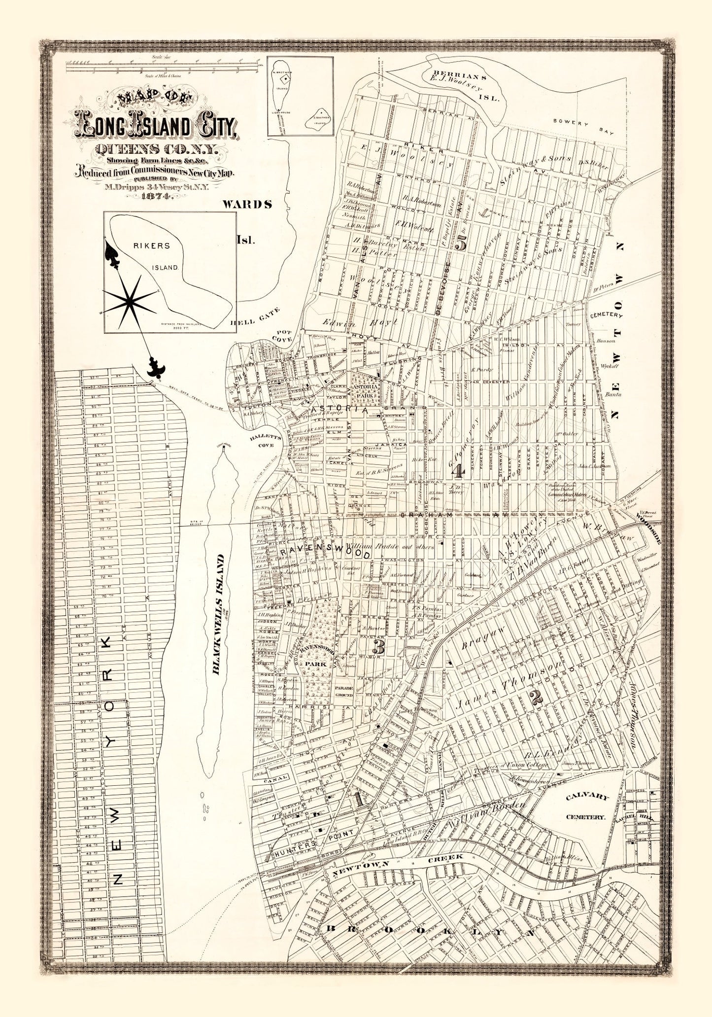 Vintage Map of Queens County, New York 1874