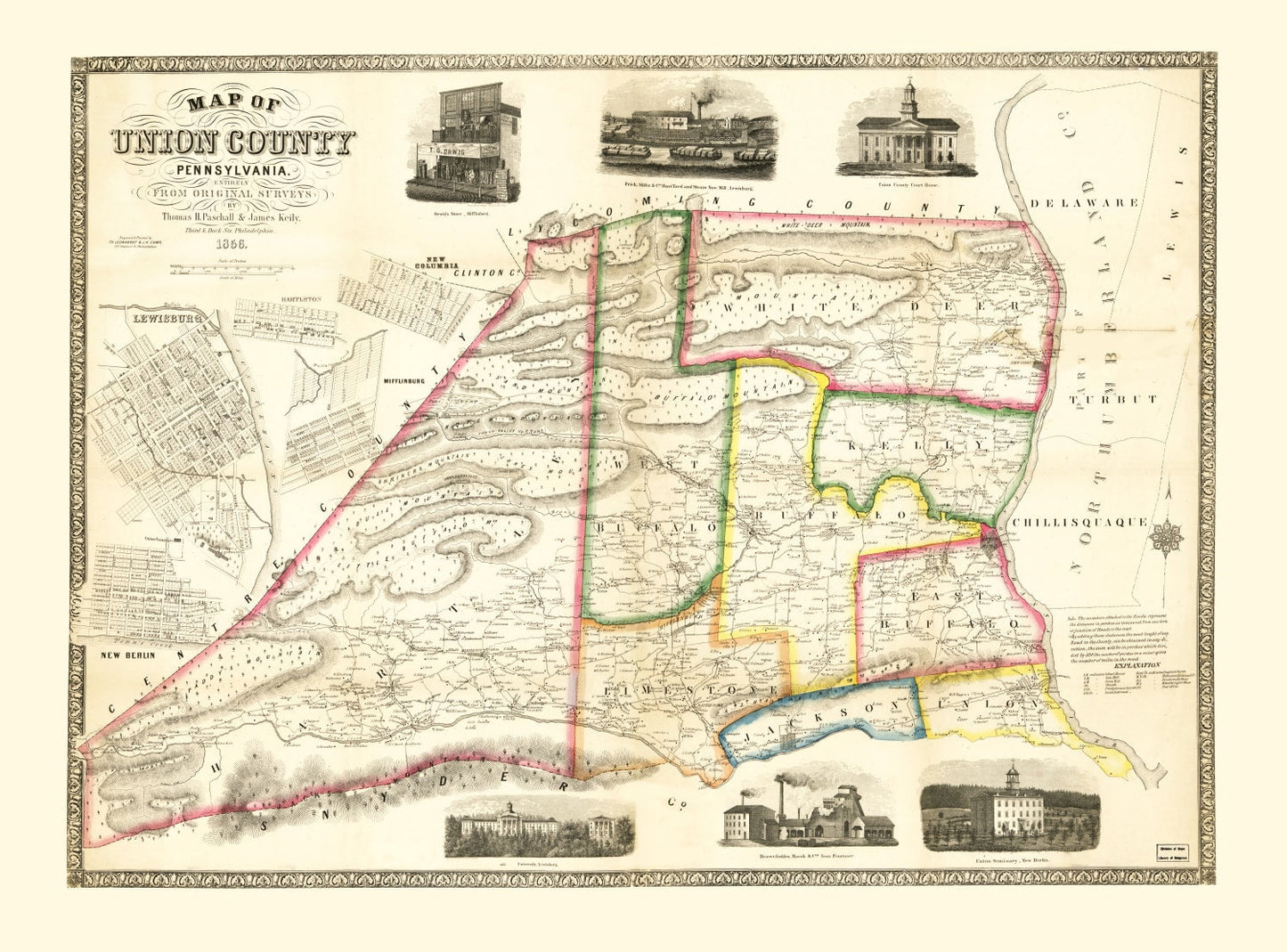 Vintage Map of Union County, Pennsylvania 1856