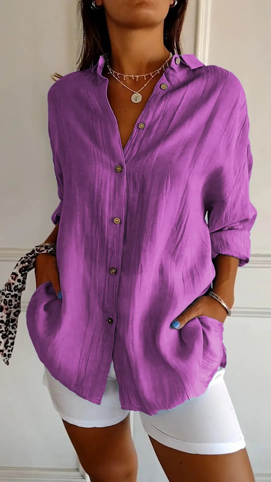 Women's Oversized Lapel Button-Down Shirt with Pleated Back