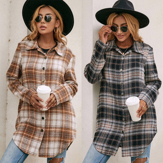 Women's Loose Casual Lapel Plaid Shirt Jacket