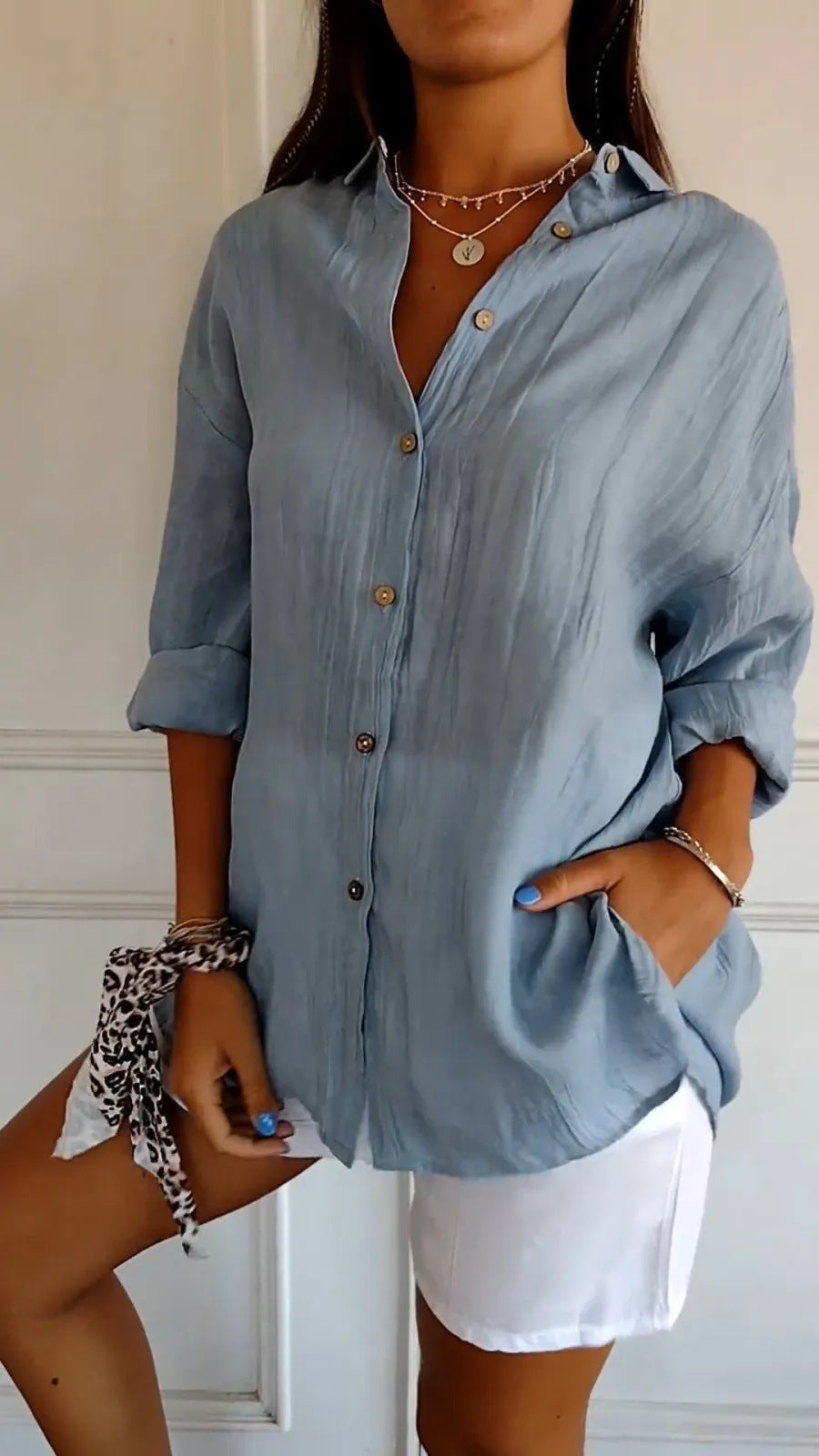 Women's Oversized Lapel Button-Down Shirt with Pleated Back