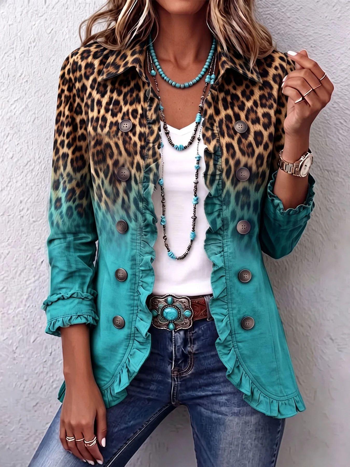 Women's Long Sleeve Cardigan – Solid & Leopard Print OL Commuter Style