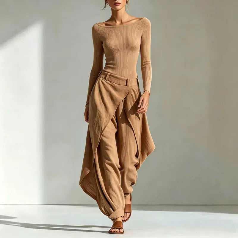 Women's Off-Shoulder Slim Top & Draped Wide Leg Pants Two-Piece Set