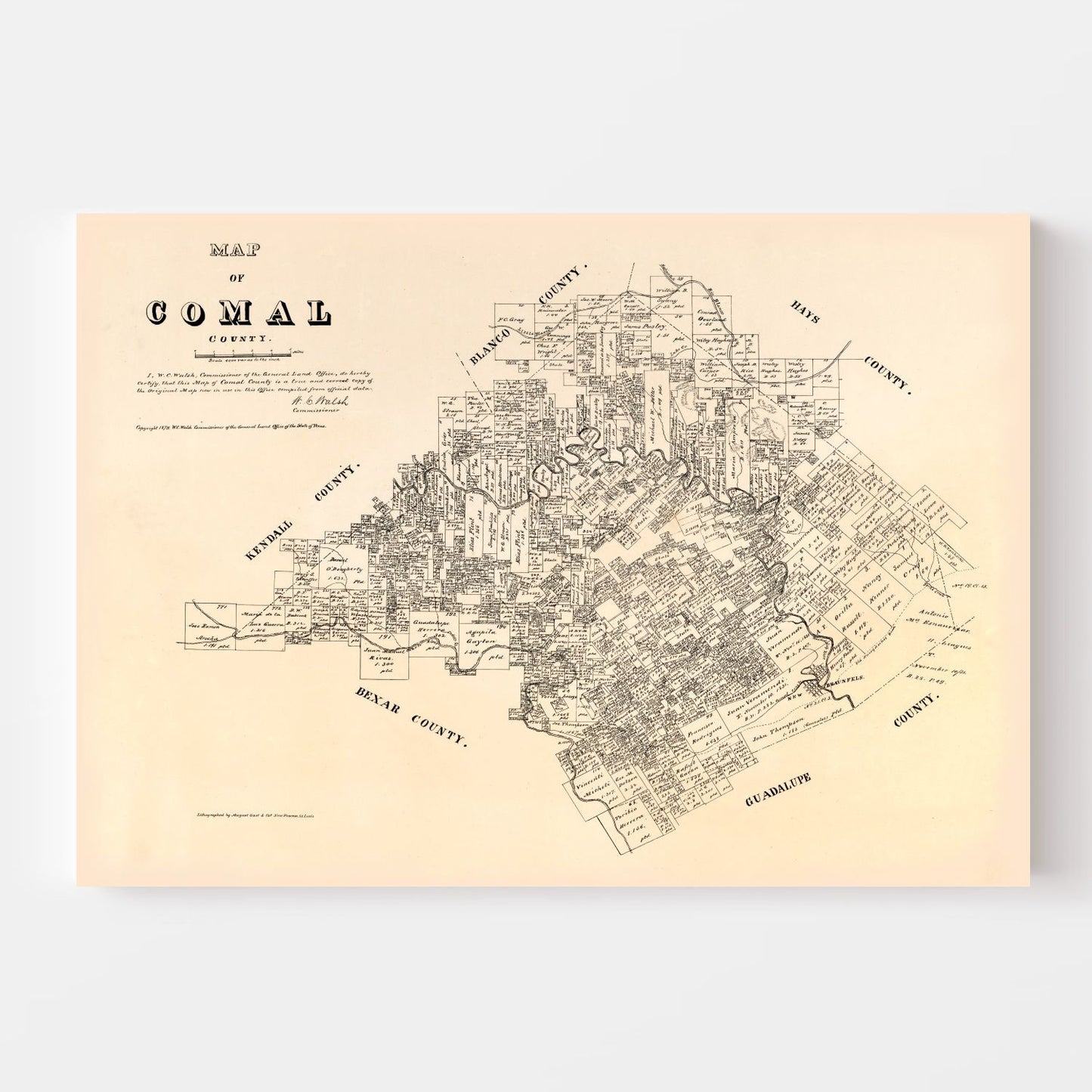Vintage Map of Comal County, Texas 1879