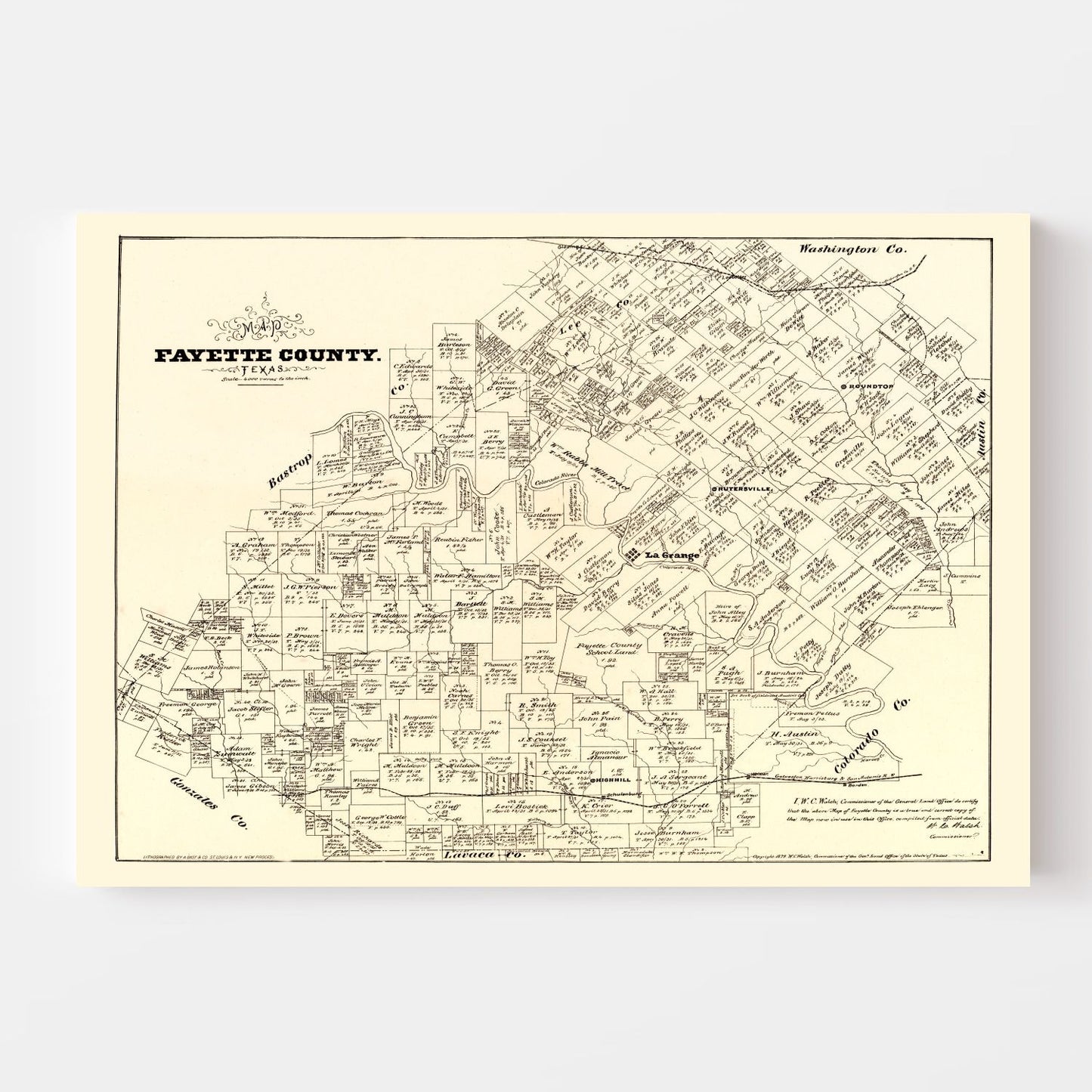 Vintage Map of Fayette County, Texas 1879