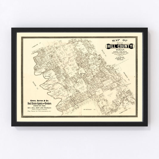 Vintage Map of Hill County, Texas 1886