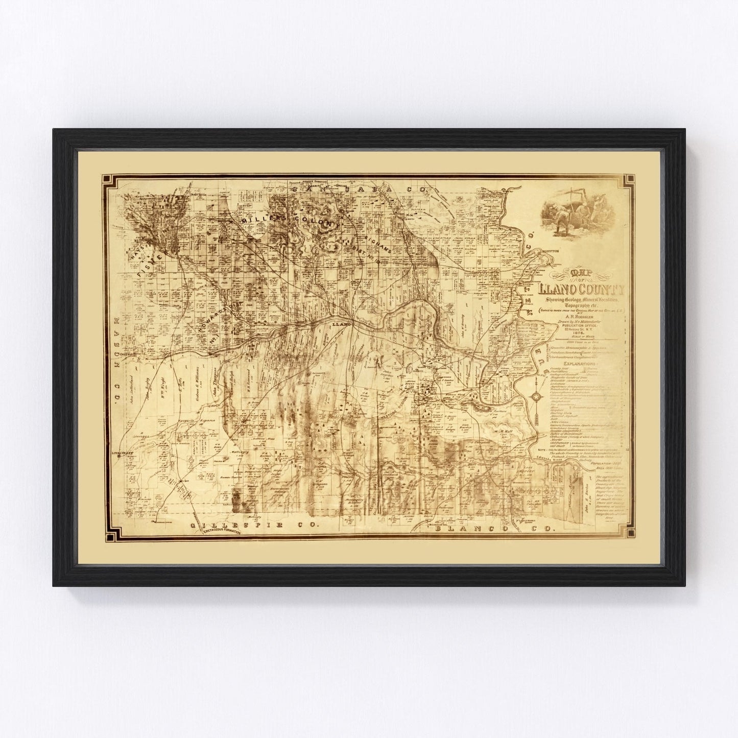 Vintage Map of Llano County, Texas 1875