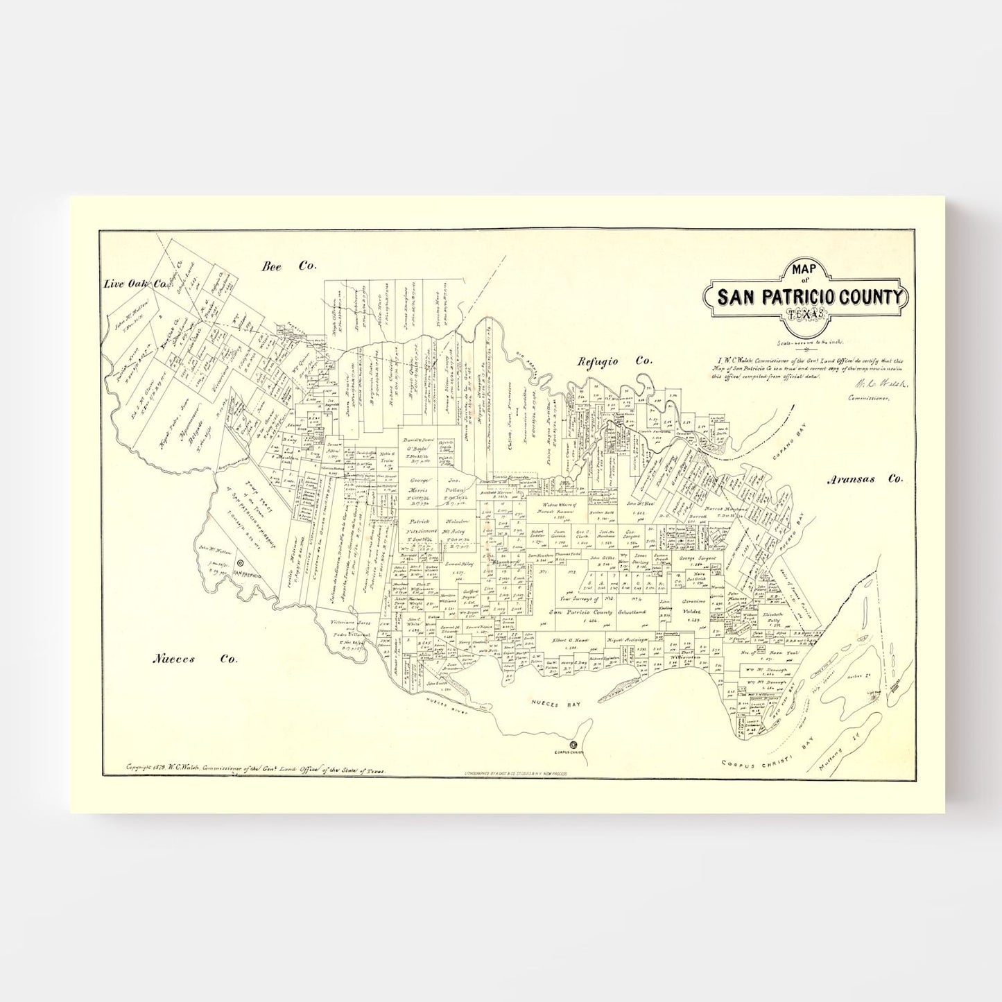 Vintage Map of San Patricio County, Texas 1879