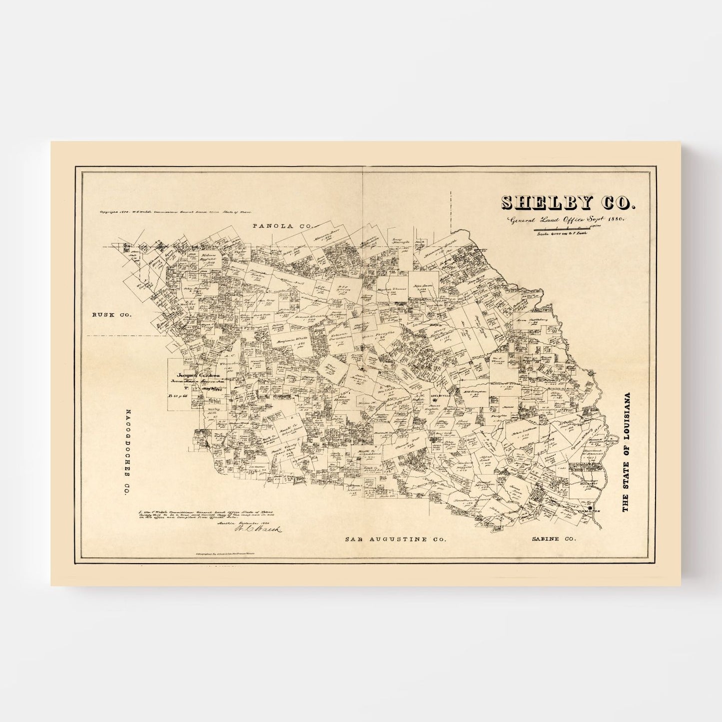 Vintage Map of Shelby County, Texas 1879